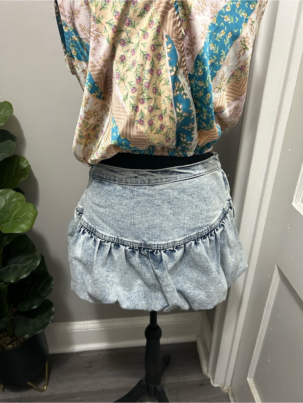 Light Wash Denim Bubble Mini Skirt